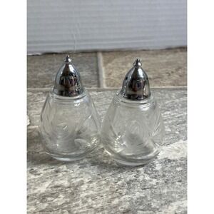 Vintage Glass Salt Pepper Shakers Etched Floral Design Silver Tone Tops